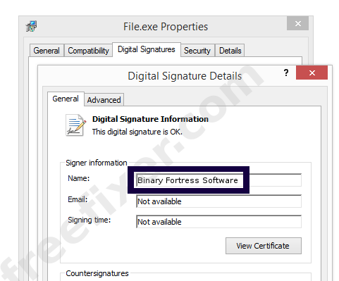 Screenshot of the Binary Fortress Software certificate